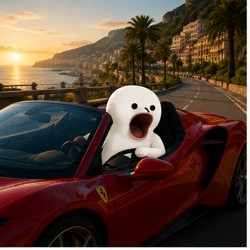 POPLET screaming in a red Ferrari on a coastal road