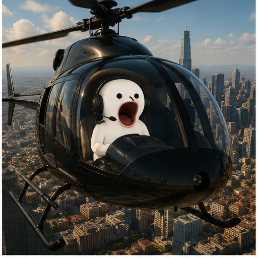 POPLET flying a helicopter over the city