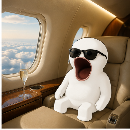 POPLET in sunglasses on a private jet with champagne